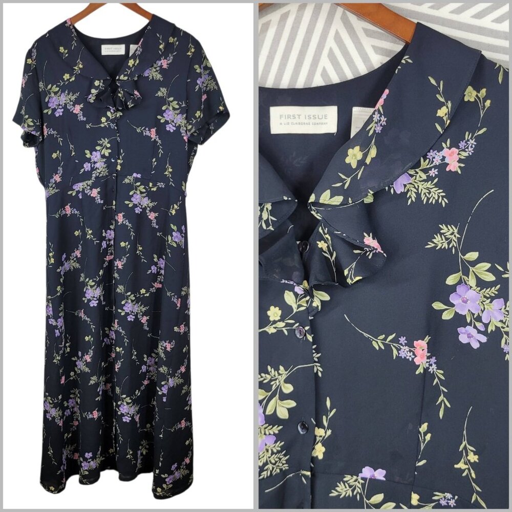 Vintage Floral Dress Size 14 Large Midi Long Black Pink Purple Alt Evening Event